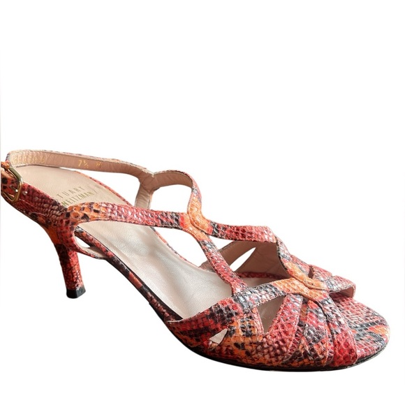 Stuart Weitzman Orange Snakeskin Strappy Kitten Heel Sandals Size 7 Open Toe - Picture 1 of 6